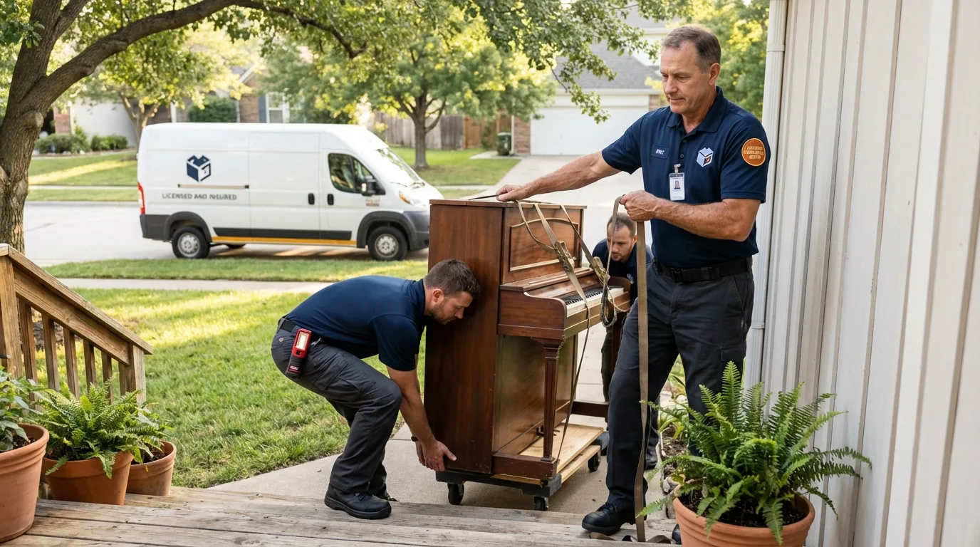 Licensed piano movers securing grand piano in Big Sky, MT
