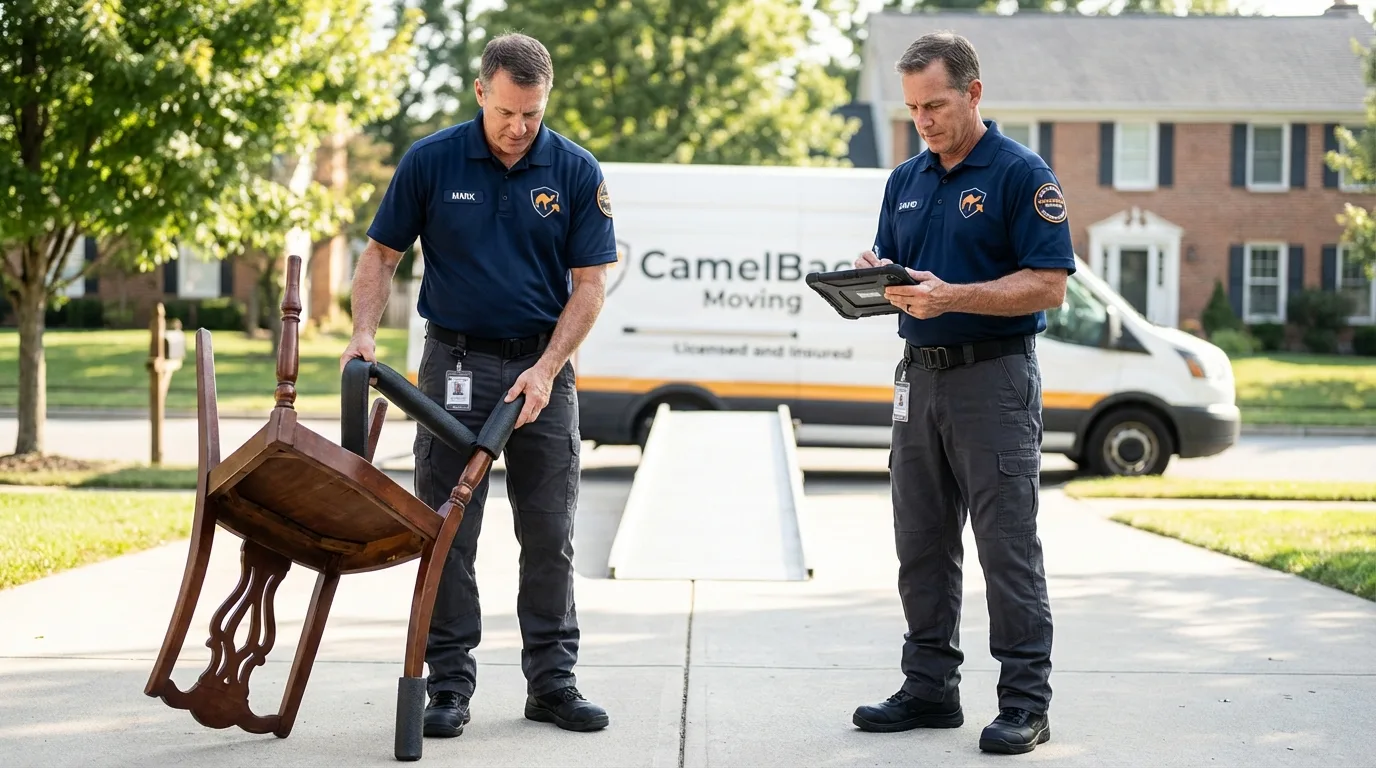 Movers inspecting furniture for damage prevention before loading in Big Sky, MT