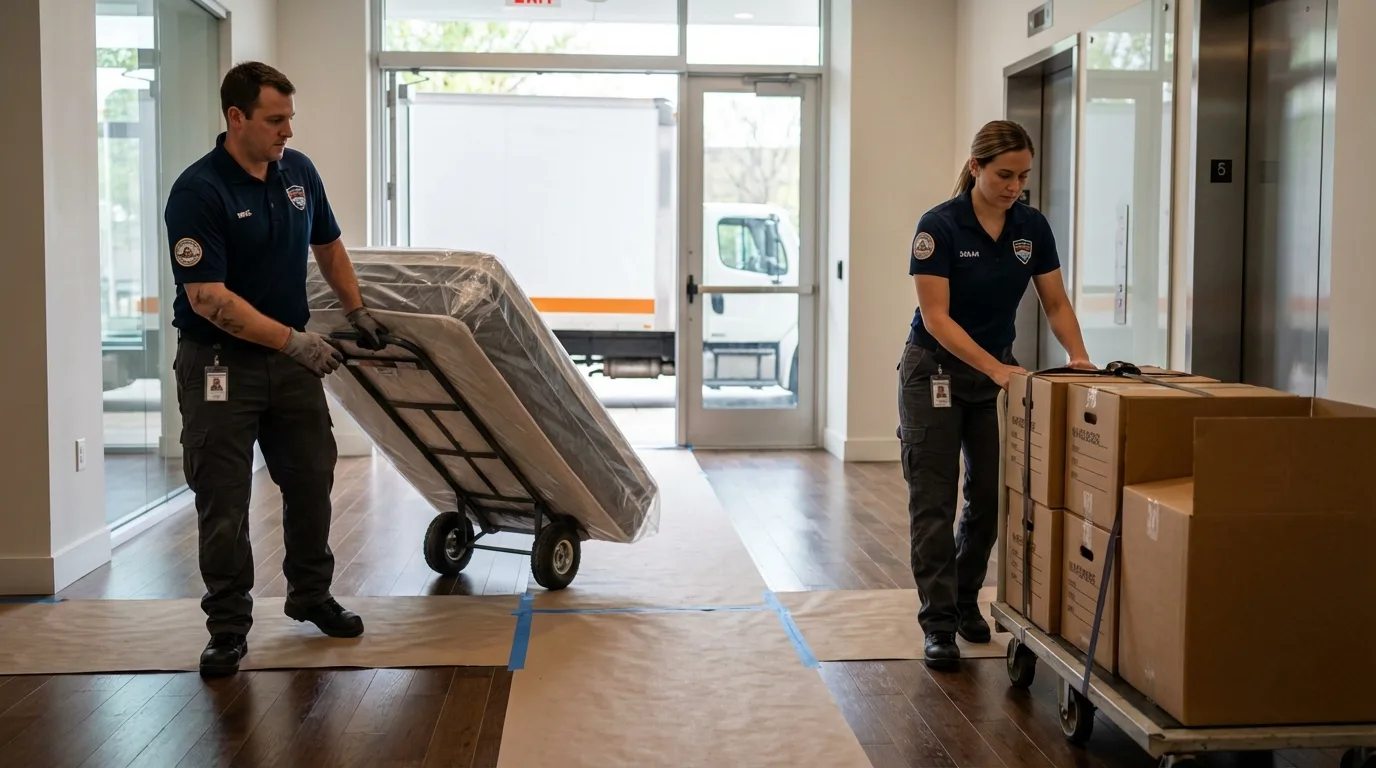 Professional apartment movers loading elevator in Big Sky, MT