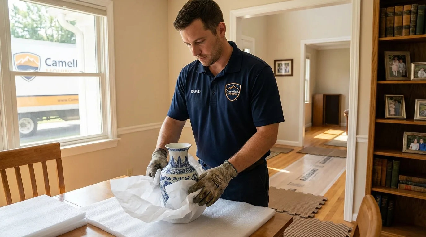 Professional crew carefully wrapping antique vase for senior downsizing move in Big Sky, MT